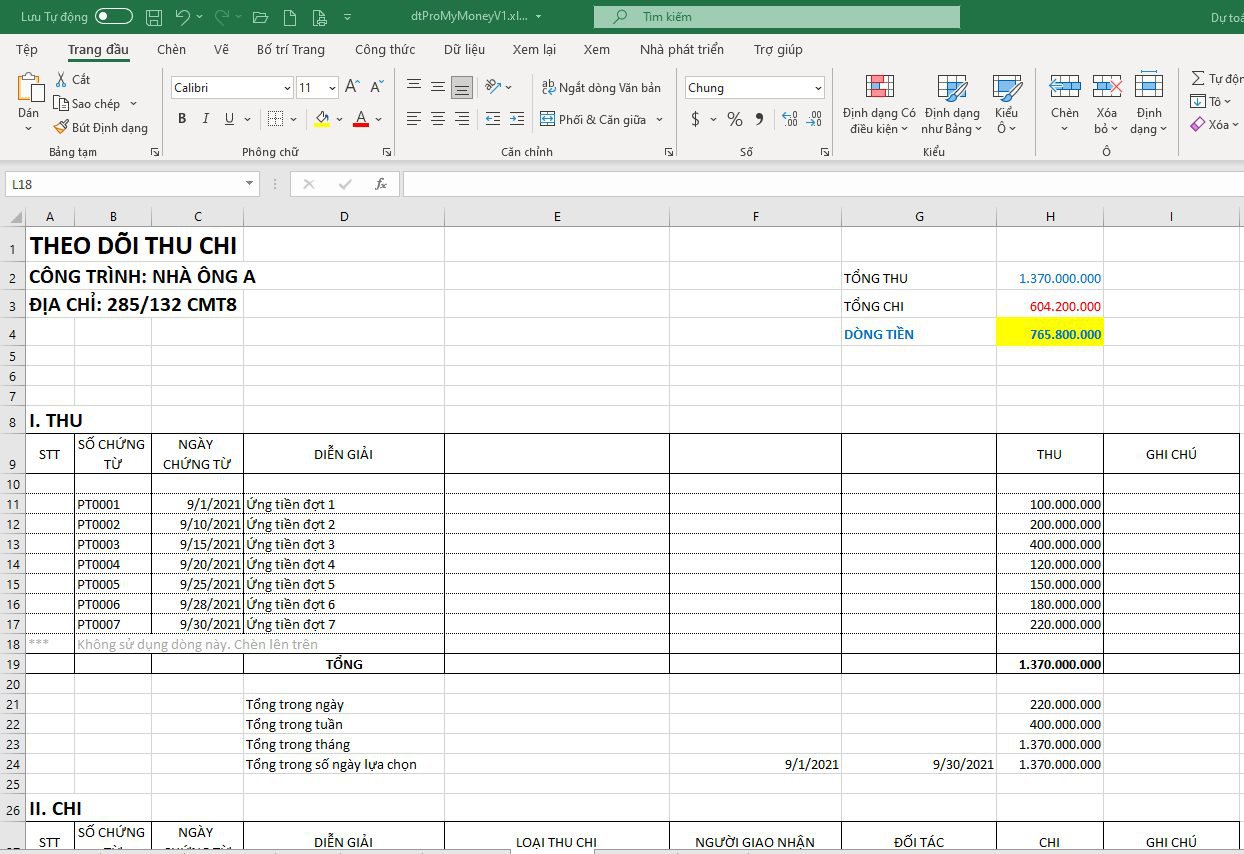 Hạch toán chi phí công trình trên Excel