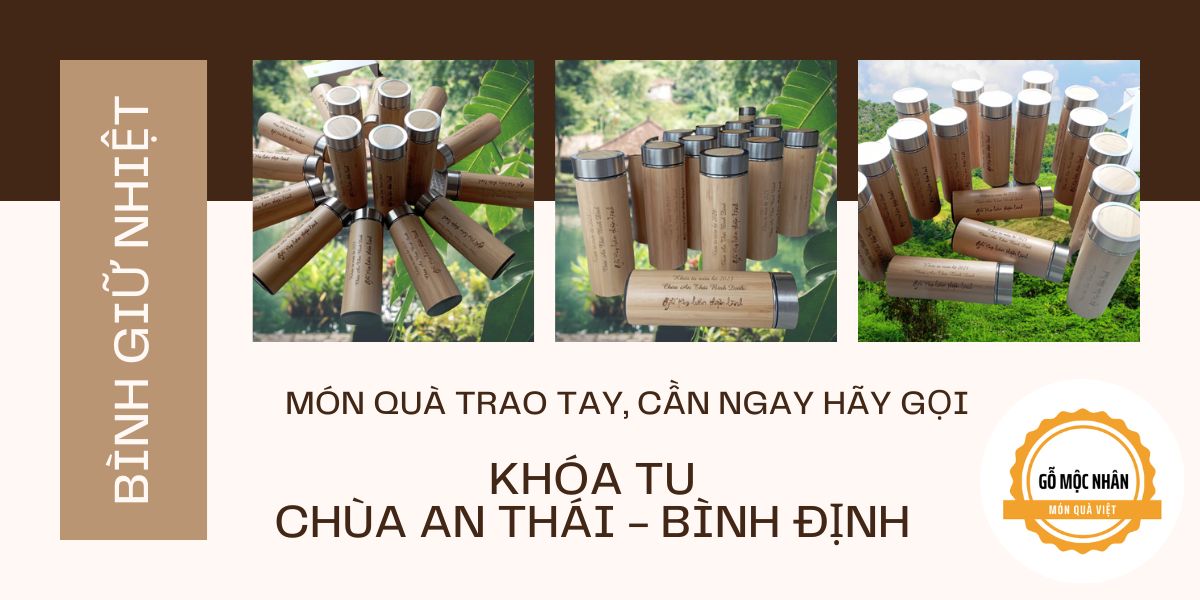Bình giữ nhiệt vỏ tre in thông tin làm quà tặng khóa tu mùa hè Chùa An Thái