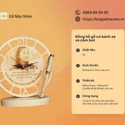 Đồng hồ gỗ combo bánh xe và bút
