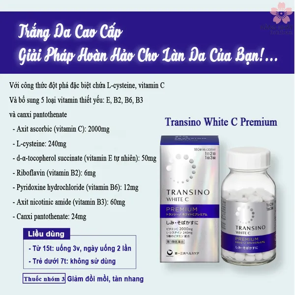 VIÊN UỐNG TRẮNG DA MỜ THÂM NÁM CAO CẤP TRANSINO WHITE C PREMIUM