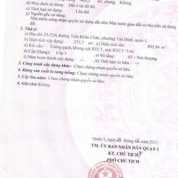 Bán đất 23 Trần Khắc Chân, P. Tân Định, Quận 1 