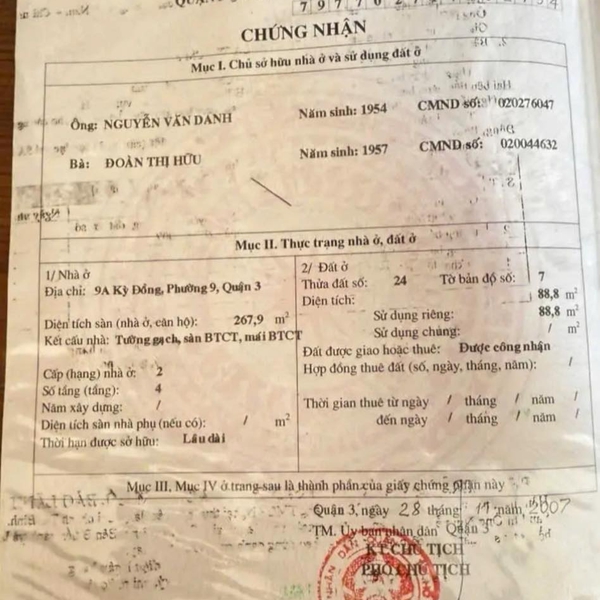 Bán nhà 9A Kỳ Đồng, Phường Nhiêu Lộc, Quận 3