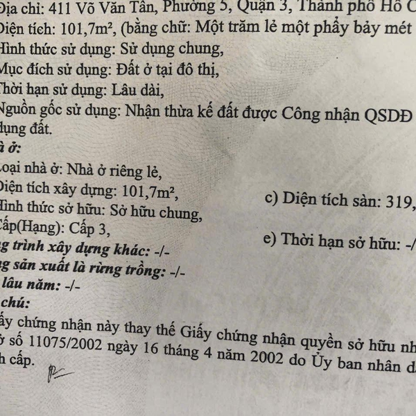 Bán nhà 411 Võ Văn Tần, Phường 5, Quận 3