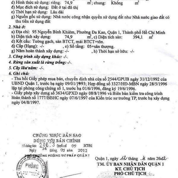 Bán nhà 95 Nguyễn Bỉnh Khiêm, P. Tân Định, Quận 1