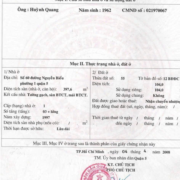 Bán nhà 60 Nguyễn Biểu, Phường 1, Quận 5 