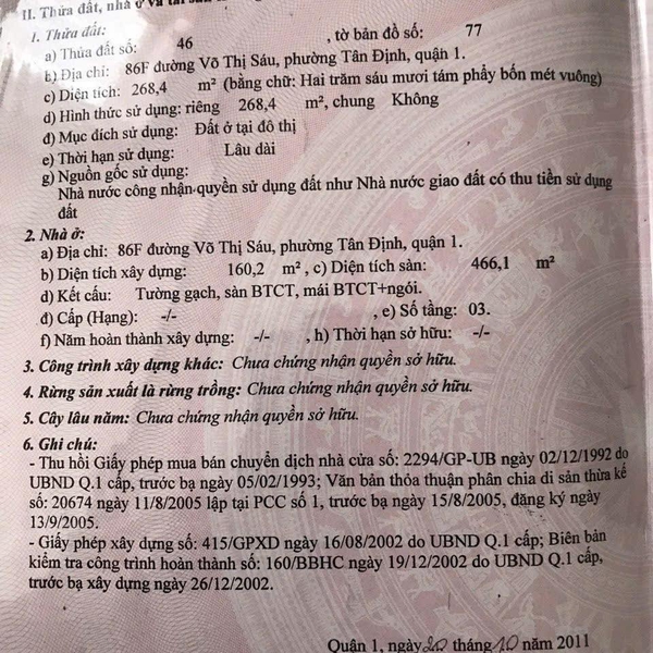 Bán nhà 86F Võ Thị Sáu, Phường Tân Định, Quận 1