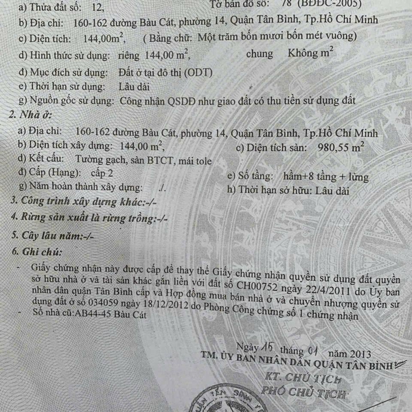Bán khách sạn 160 - 162 Bàu Cát, P. Tân Sơn Nhất, Quận Tân Bình