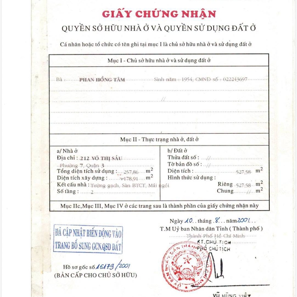 Bán biệt thự 212 - 212A Võ Thị Sáu, P. Xuân Hoà, Quận 3