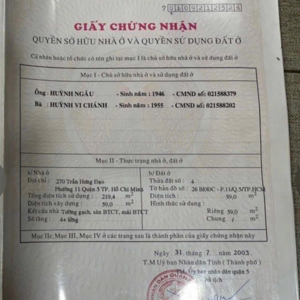 Bán nhà 270 Trần Hưng Đạo , Phường Chợ Lớn, Quận 5