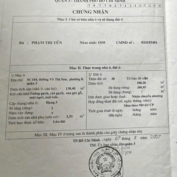 Bán nhà 144 Võ Thị Sáu, P. Xuân Hoà, Quận 3