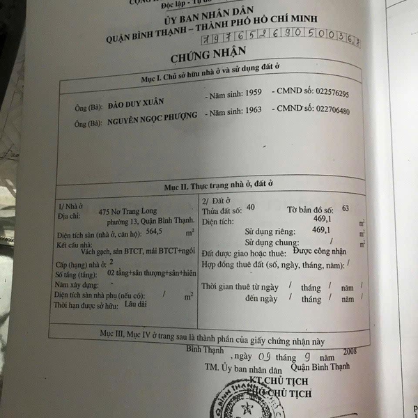 Bán nhà 475 Nơ Trang Long, P. Bình Lợi Trung, Quận Bình Thạnh 