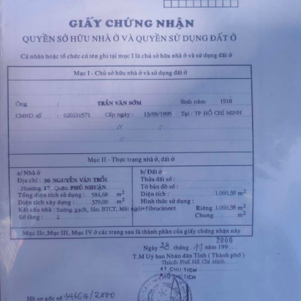 Bán nhà 30 Nguyễn Văn Trỗi, Phường 17, Quận Phú Nhuận 