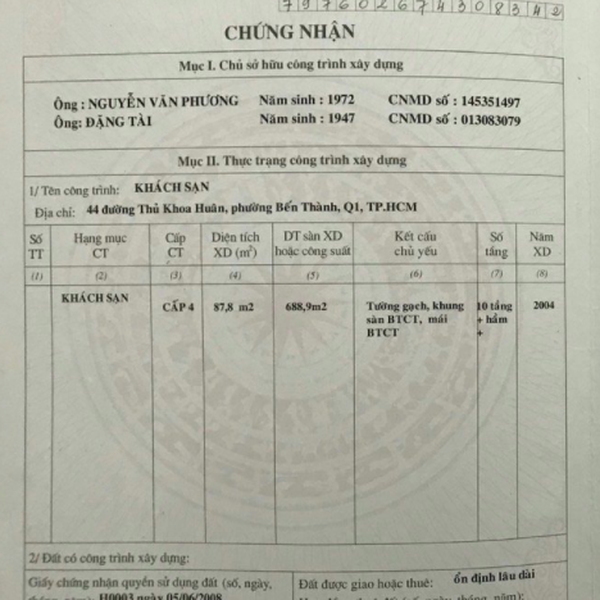 Bán khách sạn 42 - 44 Thủ Khoa Huân, Phường Bến Thành, Quận 1