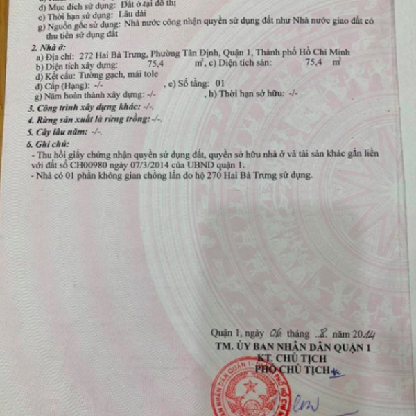 Bán nhà 270 - 272 Hai Bà Trưng, Phường Tân Định, Quận 1