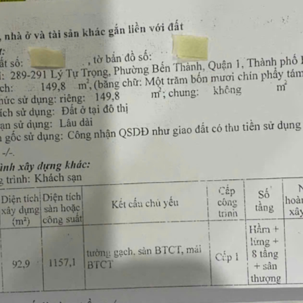 Bán khách sạn 289 - 291 Lý Tự Trọng, P. Bến Thành, Quận 1