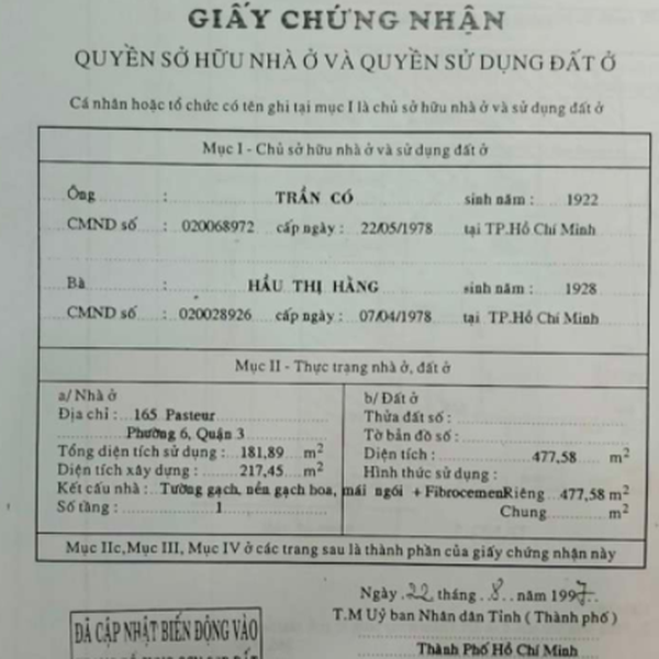 Bán nhà 165 Pasteur & Thị Sáu, Phường Võ Thị Sáu, Quận 3