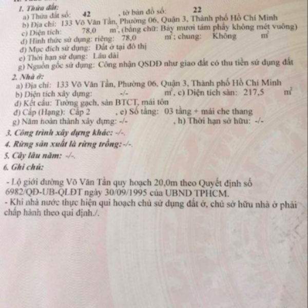Bán nhà 133 Võ Văn Tần, Phường Võ Thị Sáu, Quận 3