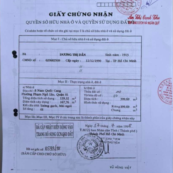 Bán nhà  8 đường Nam Quốc Cang, Phường Phạm Ngũ Lão, Quận 1