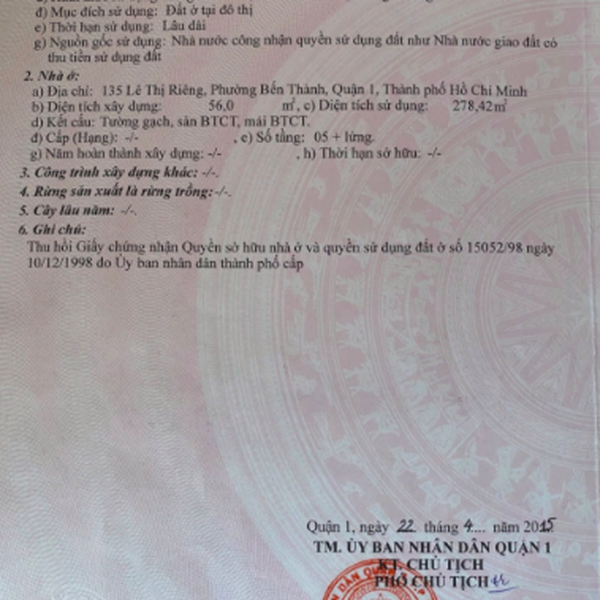 Bán nhà 135 Lê Thị Riêng, Phường Bến Thành, Quận 1