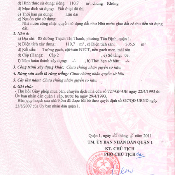 Bán nhà 85 đường Thạch Thị Thanh, Phường Tân Định, Quận 1