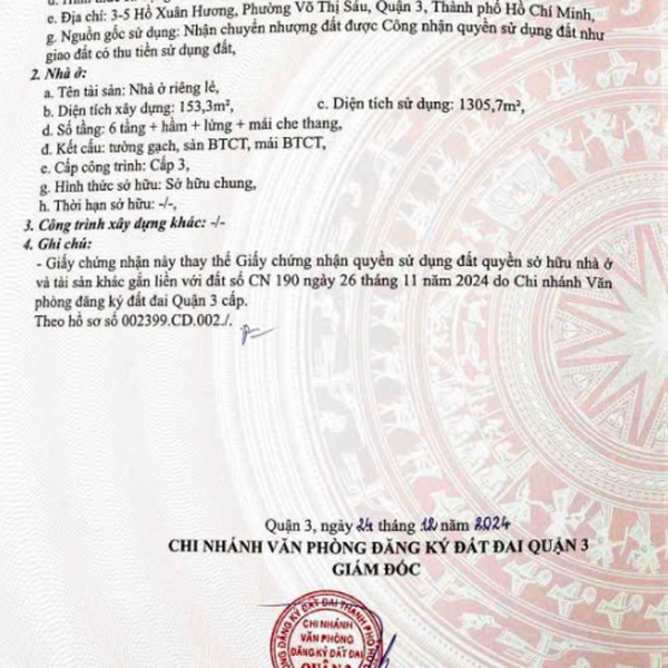 Bán tòa nhà 3 - 5 Hồ Xuân Hương, Phường Võ Thị Sáu, Quận 3