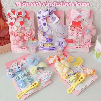 Set 8 kẹp tóc mái dây cột hoạt hình hoa nơ tim Hàn Quốc siêu yêu