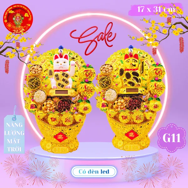 Tháp tỏi phong thủy mèo vẫy tay năng lượng có đèn