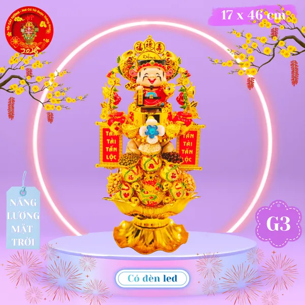 Tháp tỏi chưng ông Địa Thần Tài năng lượng mặt trời có đèn led
