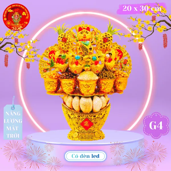 Tháp tỏi chưng ông Địa thỏi vàng mèo năng lượng mặt trời có đèn led