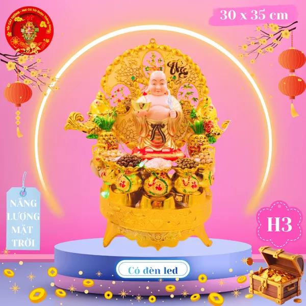 Tháp tỏi chưng ông Địa phong thủy Di Lặc đứng vẫy quạt năng lượng có đèn