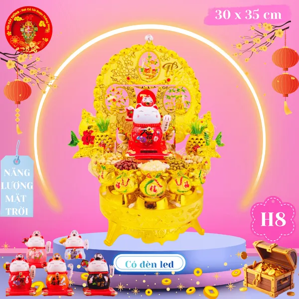 Tháp tỏi chưng ông Địa mèo sứ Neko phong thủy năng lượng có đèn