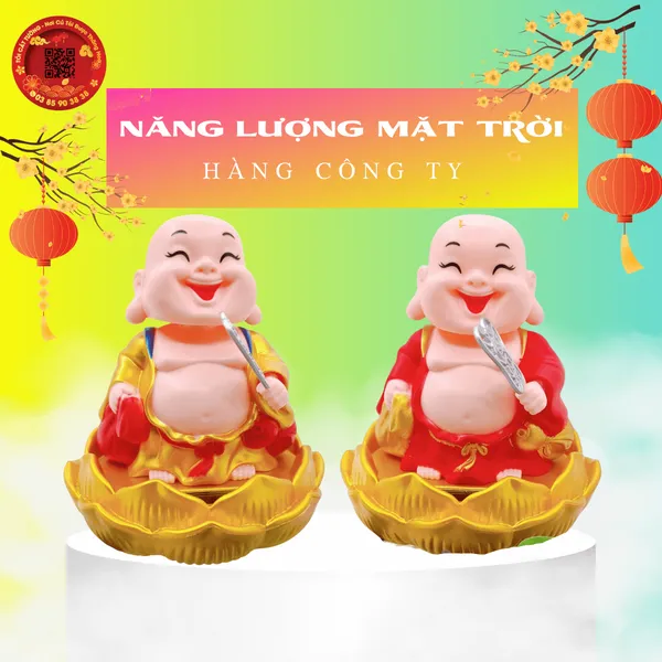 Tượng phật di lặc ngồi đài hoa sen cầm quạt năng lượng mặt trời