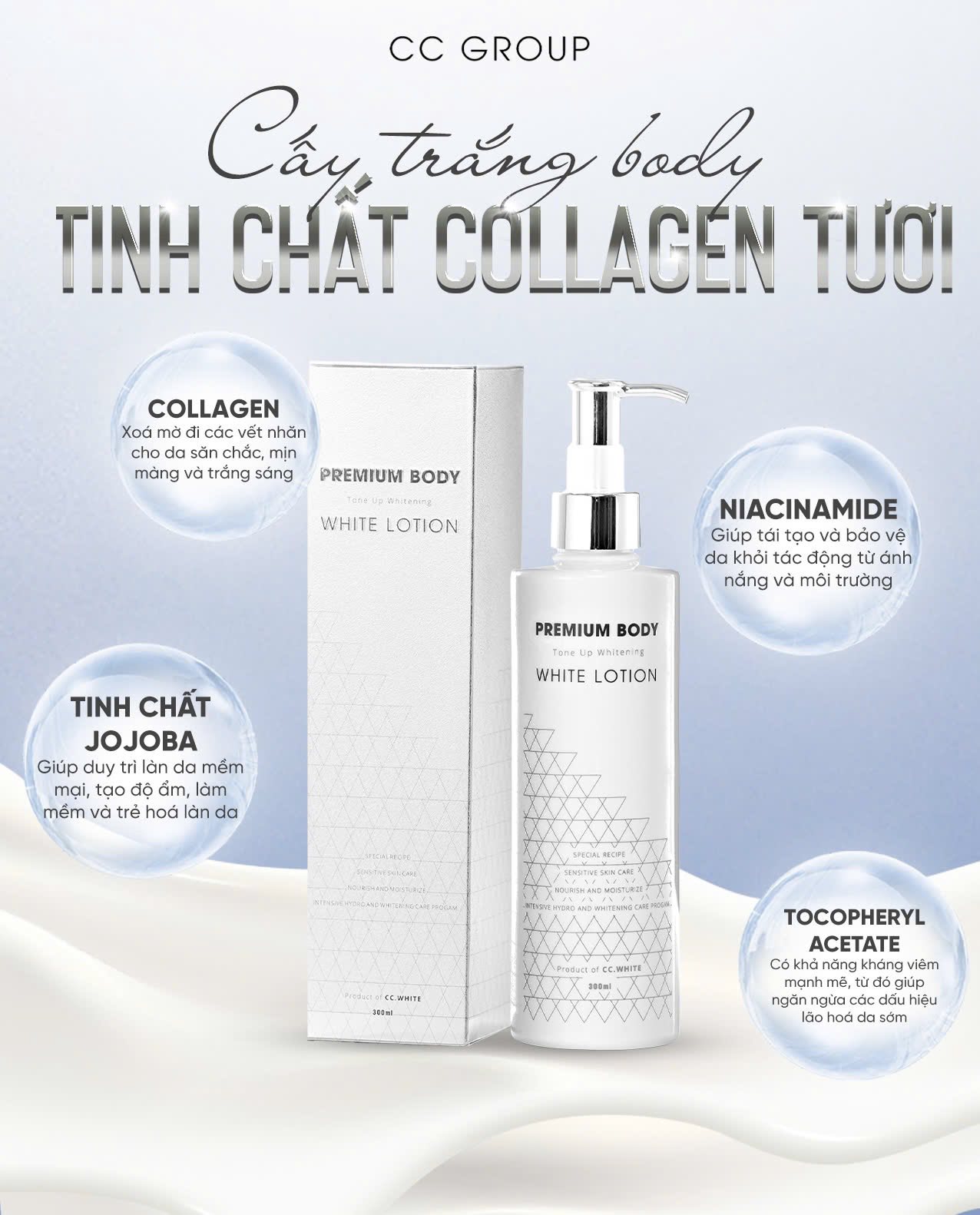 Cấy Trắng Body Collagen Tươi CC White Tặng Tắm Trắng