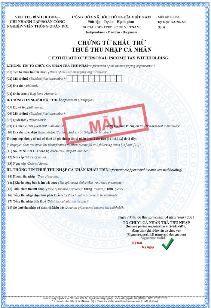 Mẫu chứng từ khấu trừ thuế TNCN Mẫu chứng từ khấu trừ thuế TNCN