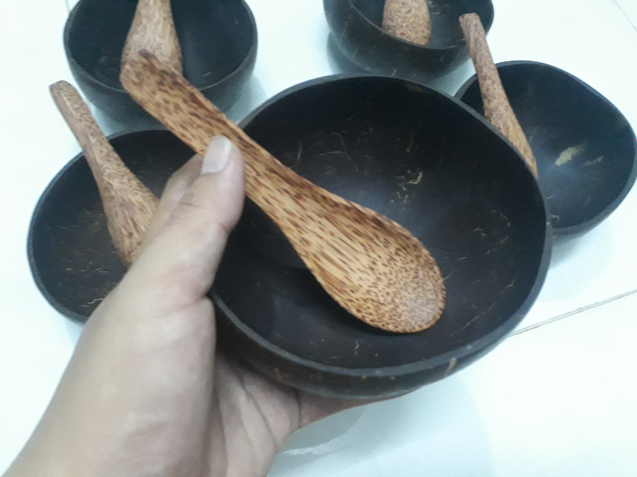 Bộ 5 bát gáo dừa muỗng gỗ dừa ăn cơm - Mỹ Nghệ Dừa Nam Trang