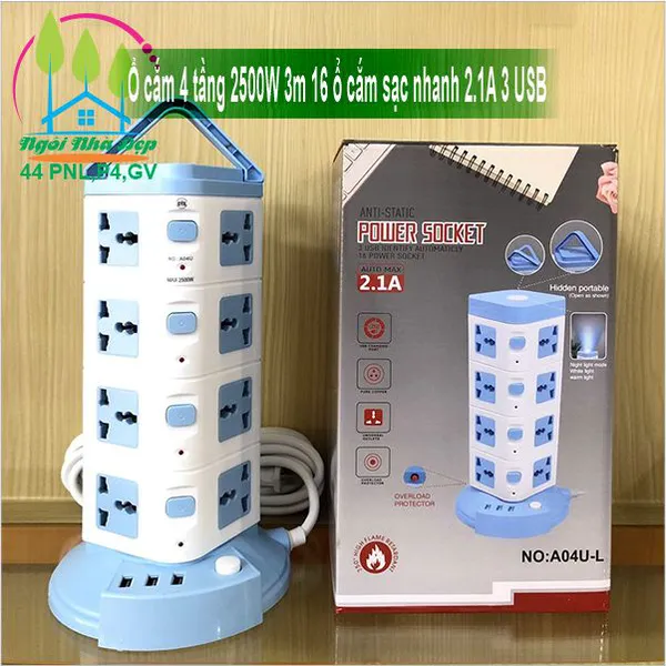 Ổ cắm 4 tầng 2500W 3m 16 ổ cắm sạc nhanh 2.1A 3 USB