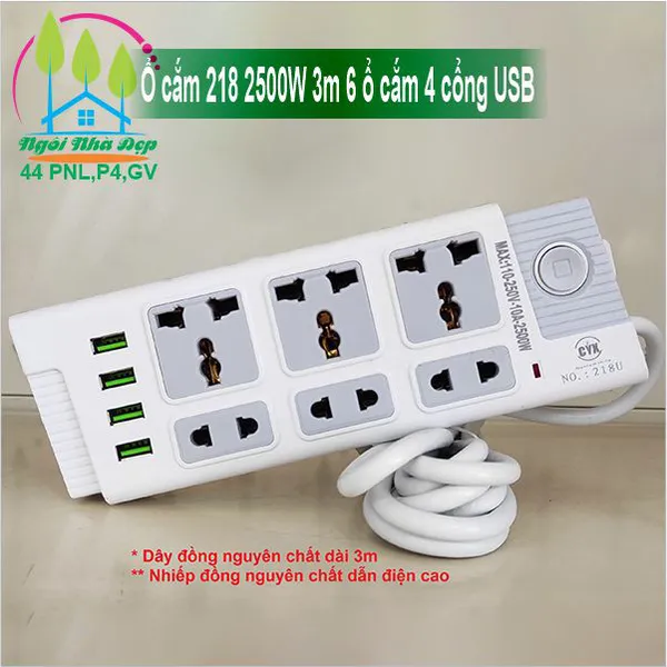 Ổ cắm 218 2500W 3m 6 ổ cắm 4 cổng USB