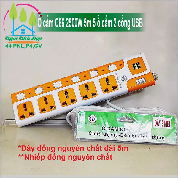 Ổ cắm C66 2500W 5m 5 ổ cắm 2 cổng USB