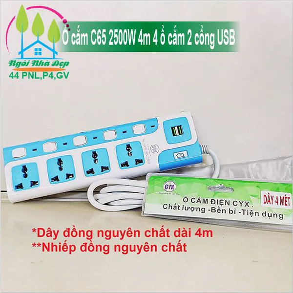 Ổ cắm C65 2500W 4m 4 ổ cắm 2 cổng USB