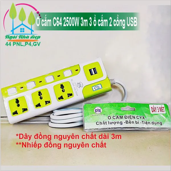 Ổ cắm C64 2500W 3m 3 ổ cắm 2 cổng USB