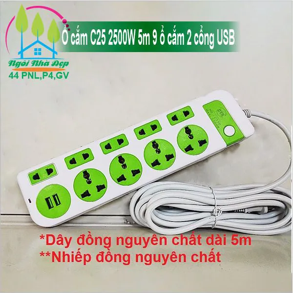 Ổ cắm C25 2500W 5m 9 ổ cắm 2 cổng USB