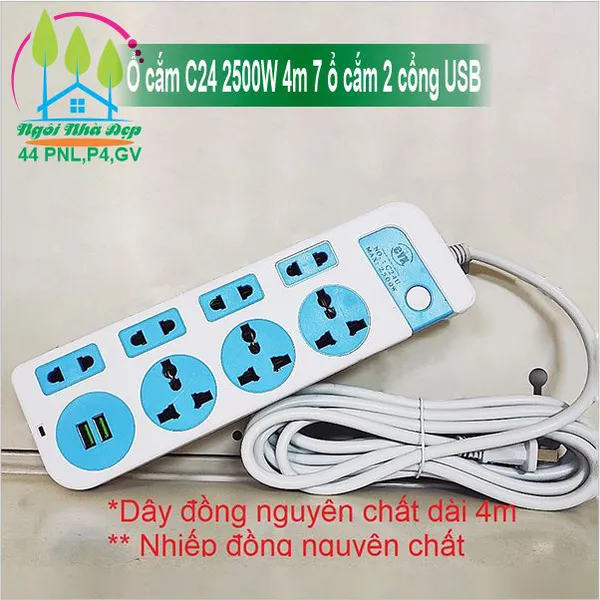 Ổ cắm C24 2500W 4m 7 ổ cắm 2 cổng USB