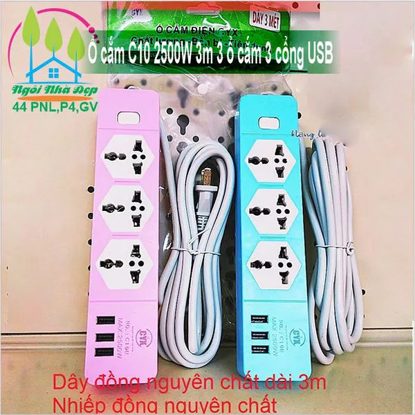 Ổ cắm C10 2500W 3m 3 ổ cắm 3 cổng USB