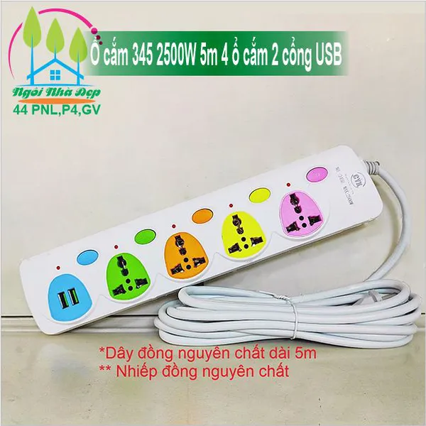 Ổ cắm 345 2500W 5m 4 ổ cắm 2 cổng USB