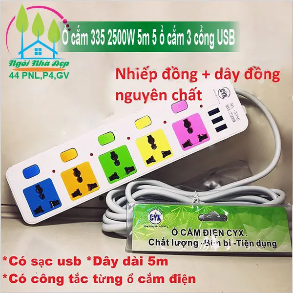 Ổ cắm 335 2500W 5m 5 ổ cắm 3 cổng USB