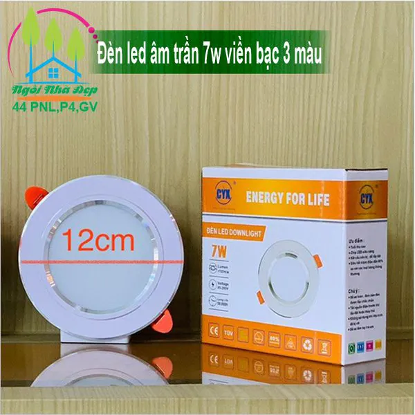 Đèn led âm trần 7w viền bạc 3 màu
