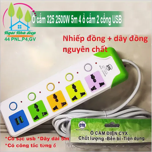 Ổ cắm 325 2500W 5m 4 ổ cắm 2 cổng USB