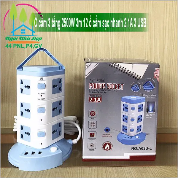 Ổ cắm 3 tầng 2500W 3m 12 ổ cắm sạc nhanh 2.1A 3 USB