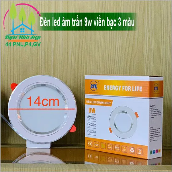 Đèn led âm trần 9w viền bạc 3 màu