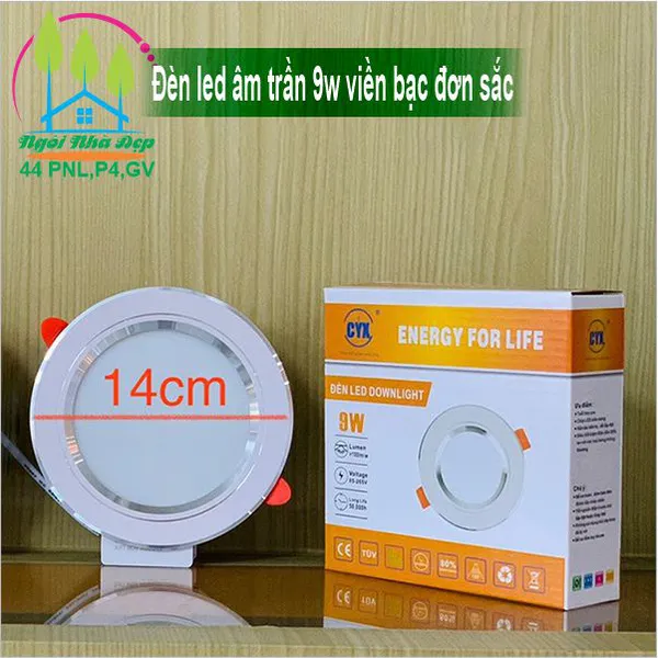 Đèn led âm trần 9w viền bạc đơn sắc